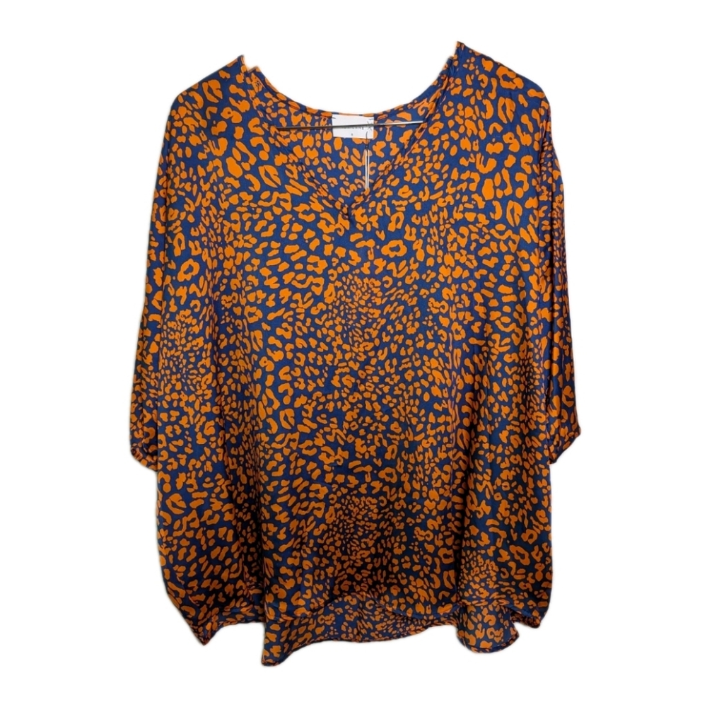 Adrienne Blouse Top Satin Animal Print Oversize Women Size Small Short Sleeve...